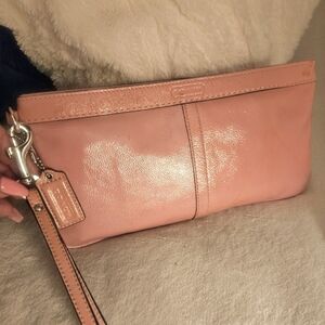 Coach Glossy Patent Leather Powder Pink Long Money Wristlet Clutch